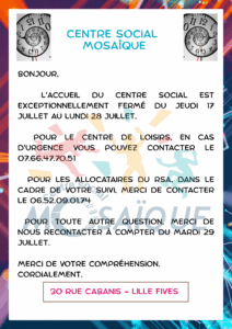 Lire la suite à propos de l’article L’accueil du centre social est exceptionnellement fermé du jeudi 17 juillet au lundi 28 juillet 2025