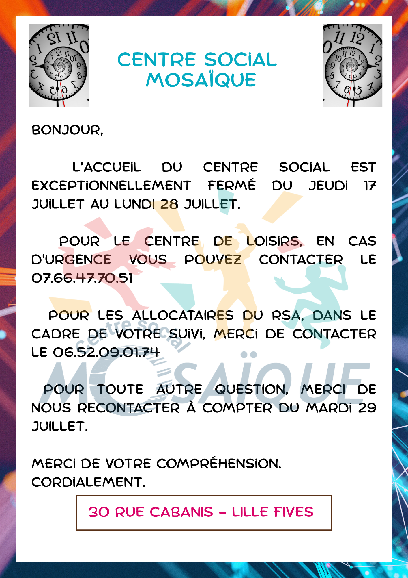 Lire la suite à propos de l’article L’accueil du centre social est exceptionnellement fermé du jeudi 17 juillet au lundi 28 juillet 2025
