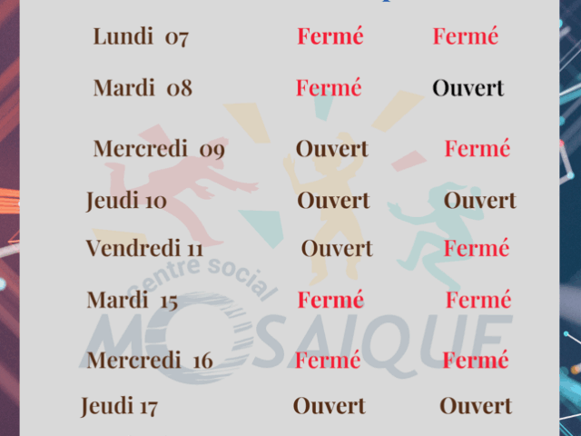 📌 Accueil – Ouvertures et Fermetures provisoires – Du 07 au 18 juillet 2025