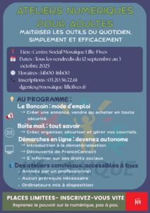 Lire la suite à propos de l’article Ateliers numériques pour Adultes organisés tous les vendredis après-midi du 12 septembre au 3 octobre 2025 – Venez nombreux !!