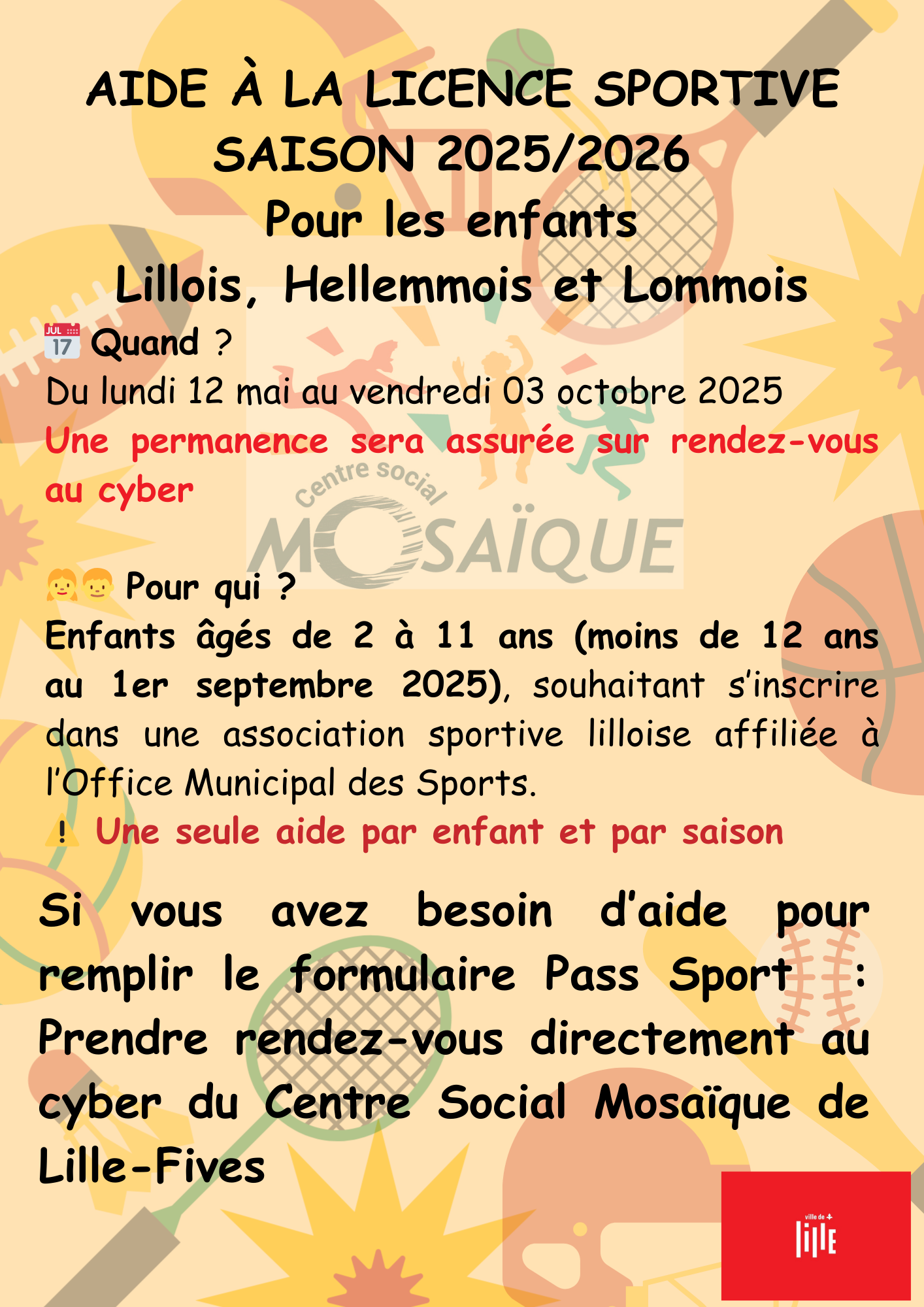 Lire la suite à propos de l’article Aide à la licence sportive – Saison 2025/2026 – Pour les enfants Lillois, Hellemmois et Lommois