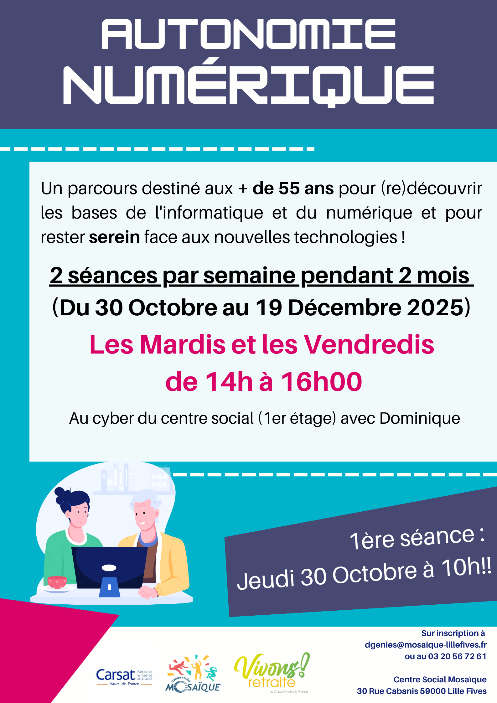 Lire la suite à propos de l’article A partir du 30 octobre démarre un parcours destiné aux + de 55 ans pour (re)découvrir les bases de l’informatique et du numérique !
