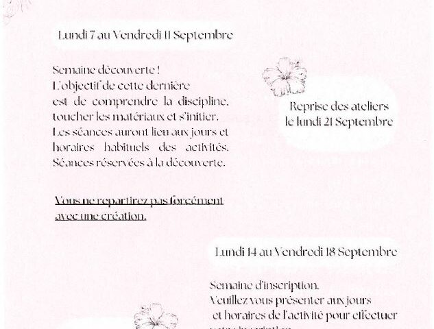 Reprise des Ateliers Adultes créatifs et sportifs !